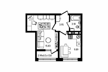1-к квартира, 34,4 м², 3/9 эт.